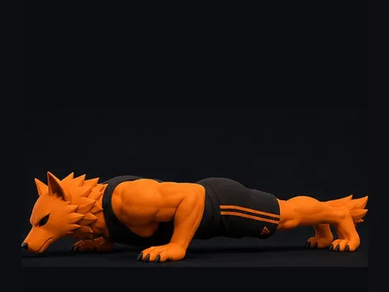 The wolf coach at the bottom of a push-up, chest just above the floor