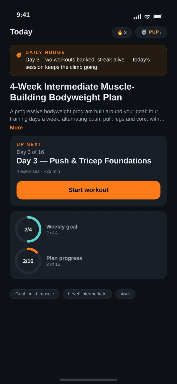 The Wulver home screen showing a 4-week intermediate plan, the next workout, and weekly progress