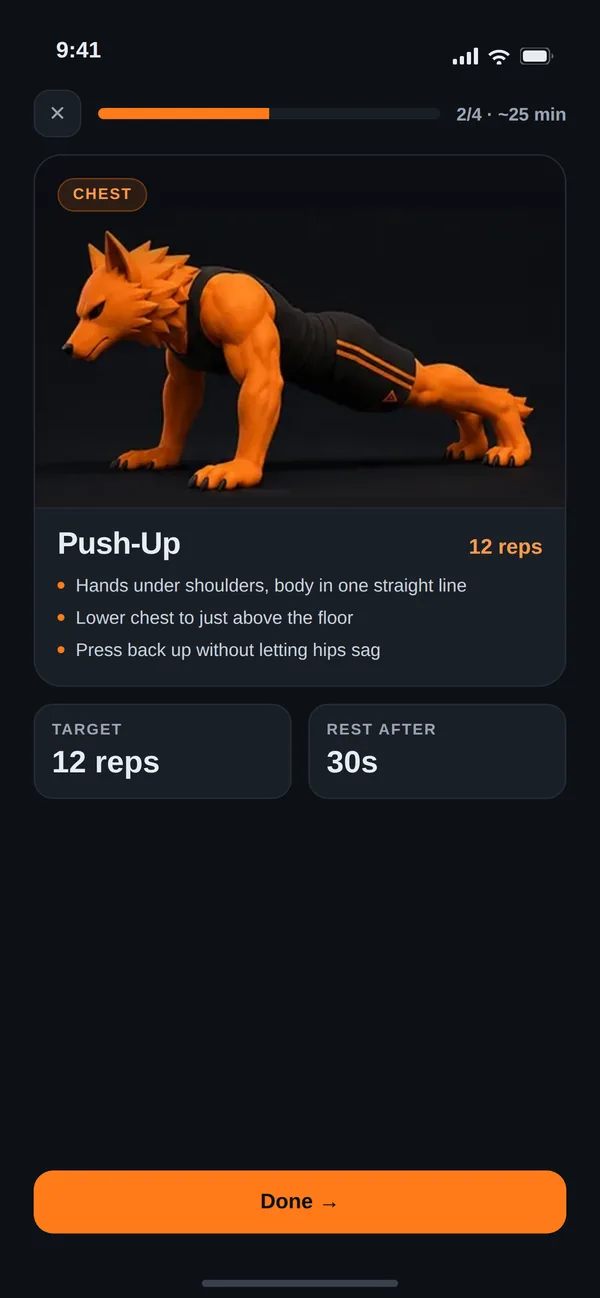 The Wulver workout screen with the wolf coach demonstrating High Knees